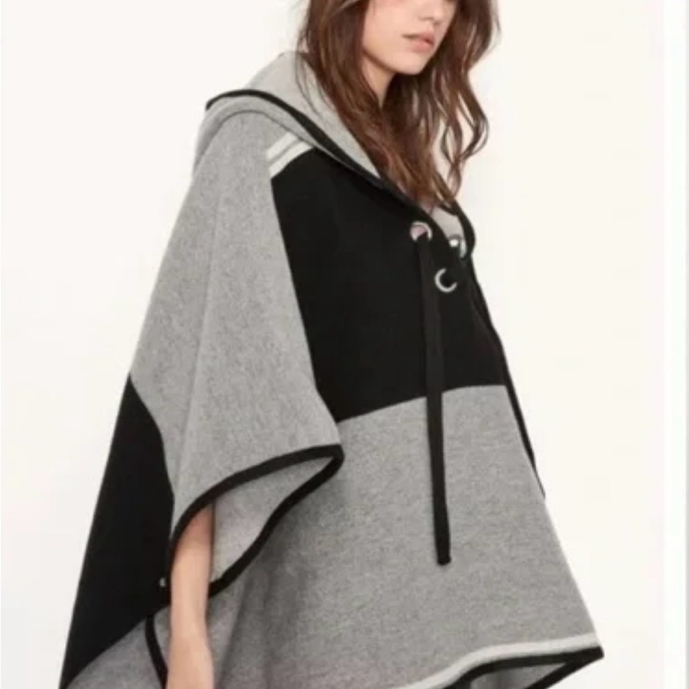 ba&sh Black and Gray Hooded Poncho
